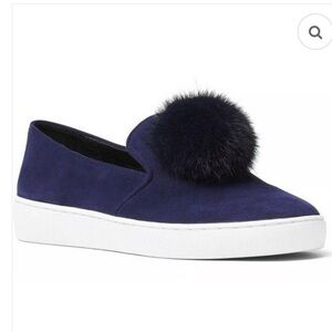 Michael Kors Suede Leather mink fur Pom Pom Eddy Slip On loafers blue size 7.5